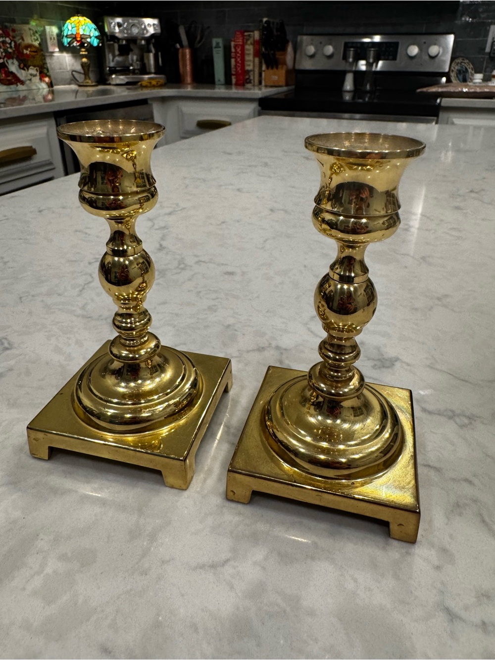 Vintage 1960s/1970s Brass Candlesticks Pair 5” Square Base Traditional Decor